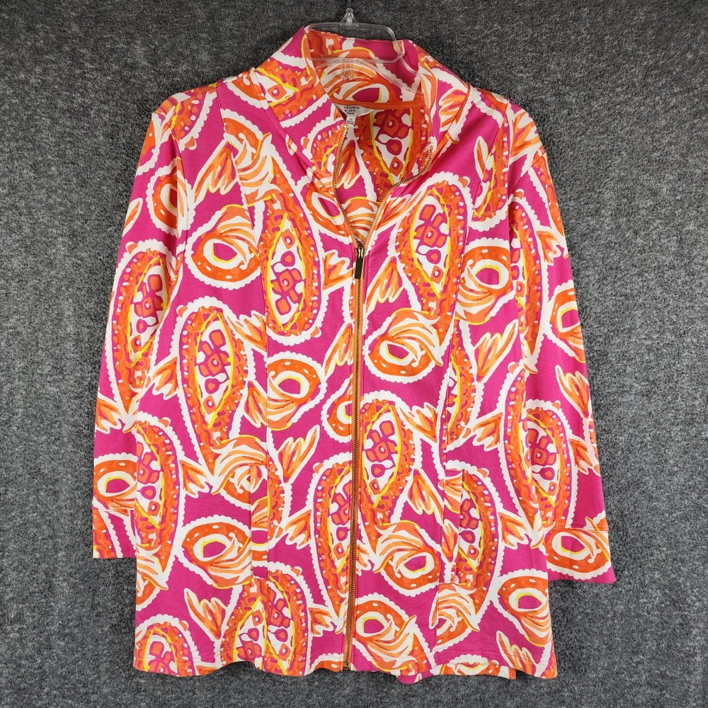 Crown & Ivy Jacket Womens 1X Pink Orange Paisley Full Zip French Terry EUC